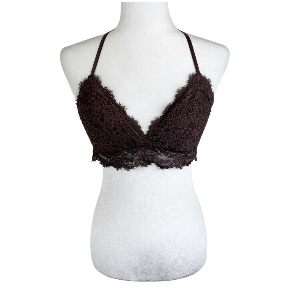 Aerie Bralette Women Medium Brown Floral Lace V-Neck Padded Bra